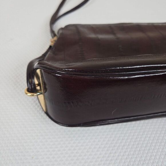 Vintage 60s Black Eel Skin Leather Shoulder Bag Gold Hardware Adjustable Strap - Picture 5 of 9